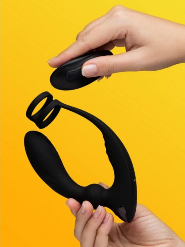 LoveHoney Remote Control Pleasure Pulse Pulsing Prostate Black Massager with Double Cock Ring